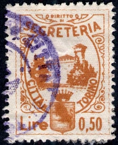 Marca da Bollo del Comune di TORINO su Carta Bianca Sottile di dimensioni 21 X 27 mm