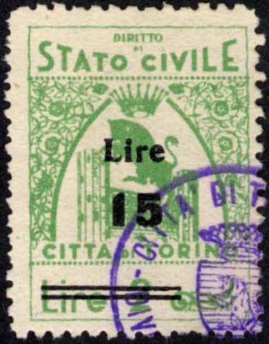 Marca da Bollo del Comune di TORINO su Carta Bianca di dimensioni 21 x 28,5 mm