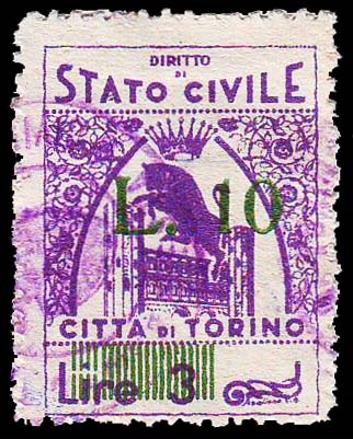 Marca da Bollo del Comune di TORINO su Carta Bianca di dimensioni 21 x 28,5 mm