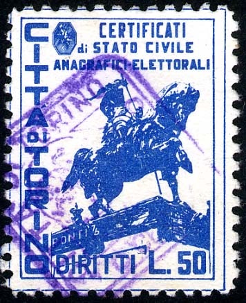 Marca da Bollo del Comune di TORINO su Carta Bianca di dimensioni 22 x 29 mm