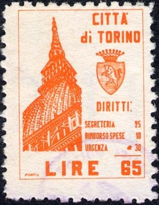 Marca da Bollo del Comune di TORINO su Carta Bianca di dimensioni 18 x 24,5 mm