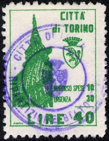 Marca da Bollo del Comune di TORINO su Carta Bianca di dimensioni 19,5 x 26,5 mm