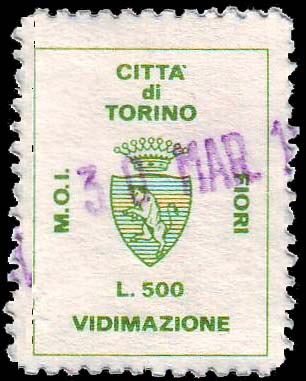 Marca da Bollo del Comune di TORINO su Carta Bianca di dimensioni 20 x 26 mm