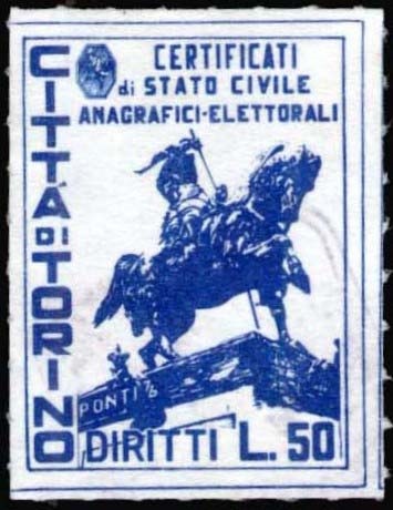 Marca da Bollo del Comune di TORINO su Carta Bianca di dimensioni 22 x 29 mm