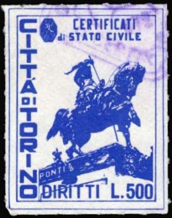Marca da Bollo del Comune di TORINO su Carta Bianca di dimensioni 22 x 29 mm