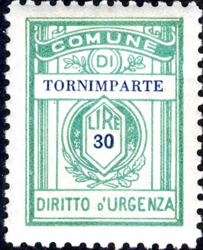 Marca da Bollo del Comune di TORNIMPARTE su Carta Bianca di dimensioni 21 x 28 mm
