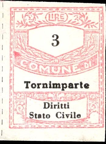 Marca da Bollo del Comune di TORNIMPARTE su Carta Bianca di dimensioni 22,5 x 29 mm