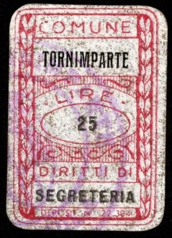 Marca da Bollo del Comune di TORNIMPARTE su Carta Bianca di dimensioni 16 x 23 mm