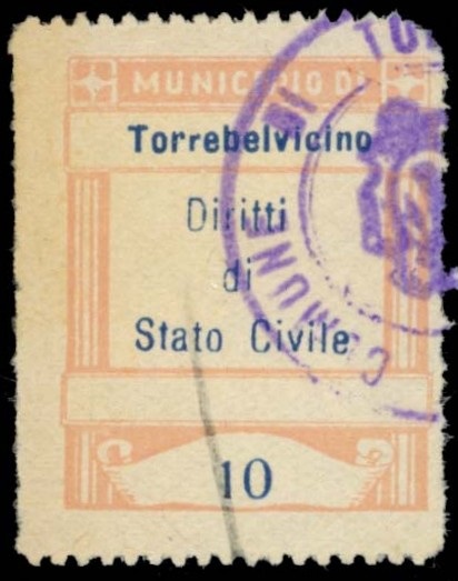 Marca da Bollo del Comune di TORREBELVICINO su Carta Bianca di dimensioni 18 x 28 mm