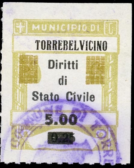 Marca da Bollo del Comune di TORREBELVICINO su Carta Bianca di dimensioni 18 x 28,5 mm