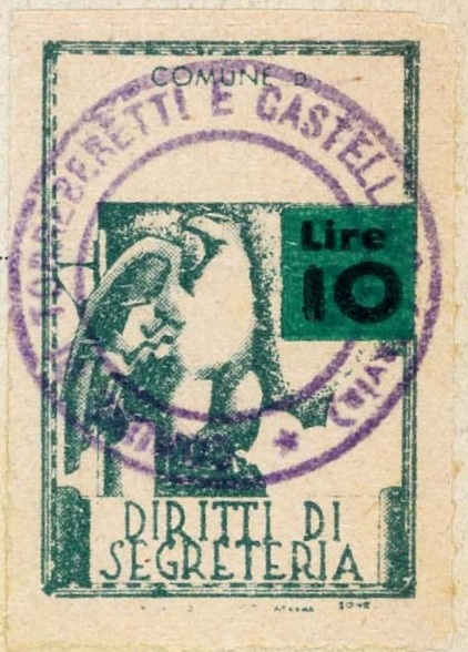 Marca da Bollo del Comune di TORRE BERETTI E CASTELLARO su Carta Bianca Sottile di dimensioni 21 X 32 mm