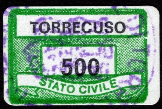 Marca da Bollo del Comune di TORRECUSO su Carta Bianca di dimensioni 19 x 14 mm