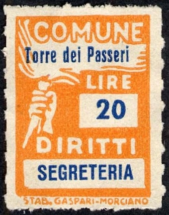 Marca da Bollo del Comune di TORRE DE´ PASSERI su Carta Bianca di dimensioni 18 x 26 mm