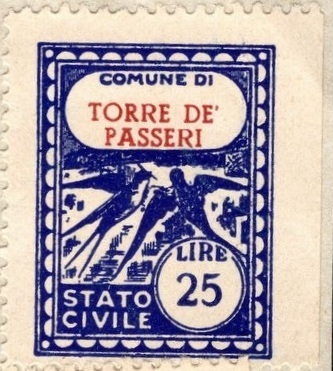 Marca da Bollo del Comune di TORRE DE´ PASSERI su Carta Bianca di dimensioni 28 x 26 mm