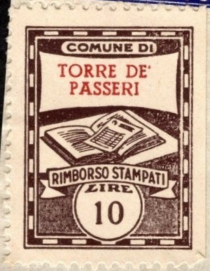 Marca da Bollo del Comune di TORRE DE´ PASSERI su Carta Bianca di dimensioni 28 x 26 mm