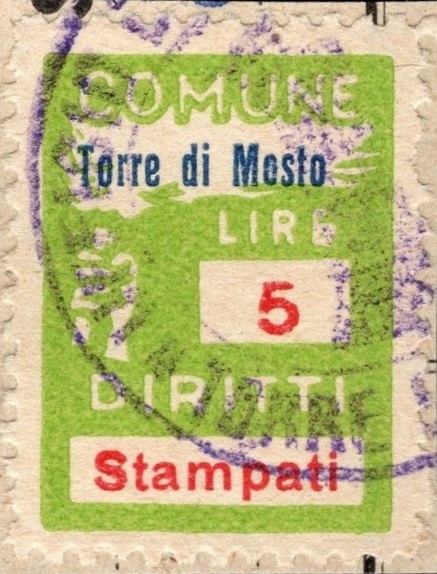 Marca da Bollo del Comune di TORRE DI MOSTO su Carta Bianca di dimensioni 19 x 26 mm