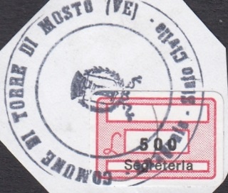 Marca da Bollo del Comune di TORRE DI MOSTO su Carta Bianca di dimensioni 19 x 12,5 mm