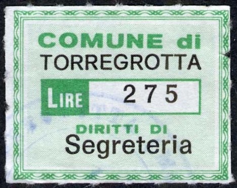 Marca da Bollo del Comune di TORREGROTTA su Carta Bianca di dimensioni 28,5 x 22,5 mm