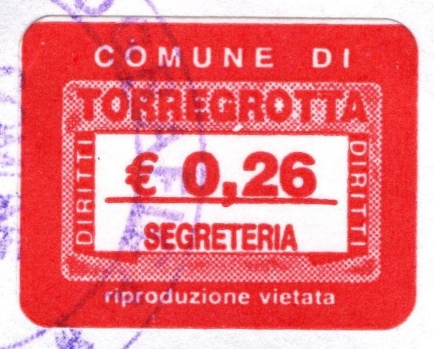 Marca da Bollo del Comune di TORREGROTTA su Carta Bianca di dimensioni 28,5 x 22,5 mm