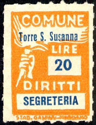 Marca da Bollo del Comune di TORRE SANTA SUSANNA su Carta Bianca di dimensioni 18,5 x 26 mm
