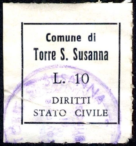 Marca da Bollo del Comune di TORRE SANTA SUSANNA su Carta Bianca di dimensioni mm