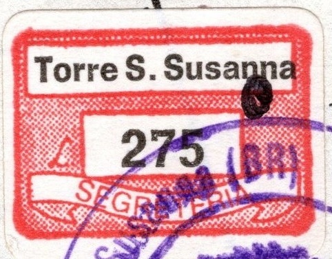 Marca da Bollo del Comune di TORRE SANTA SUSANNA su Carta Bianca di dimensioni 19 x 14 mm