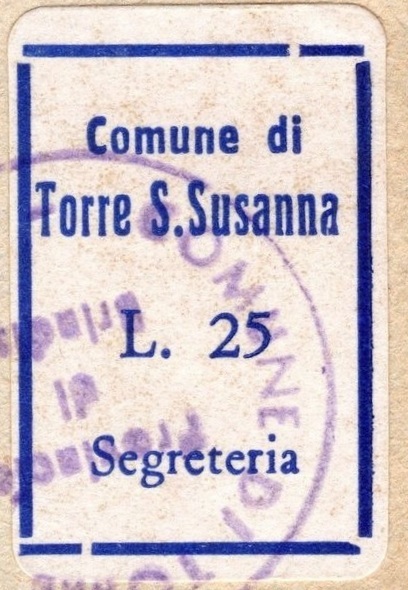 Marca da Bollo del Comune di TORRE SANTA SUSANNA su Carta Bianca di dimensioni 16 x 27 mm