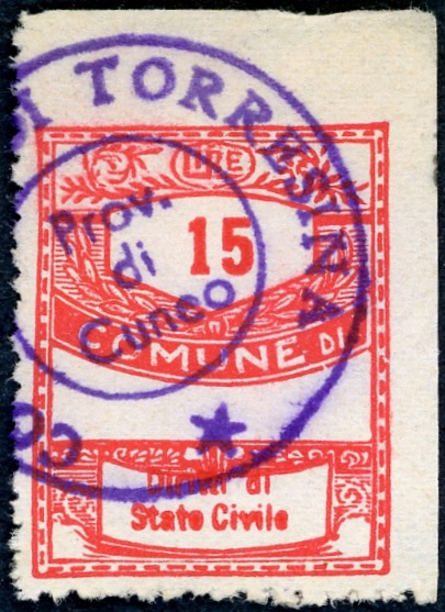 Marca da Bollo del Comune di TORRESINA su Carta Bianca di dimensioni 21,5 x 28 mm