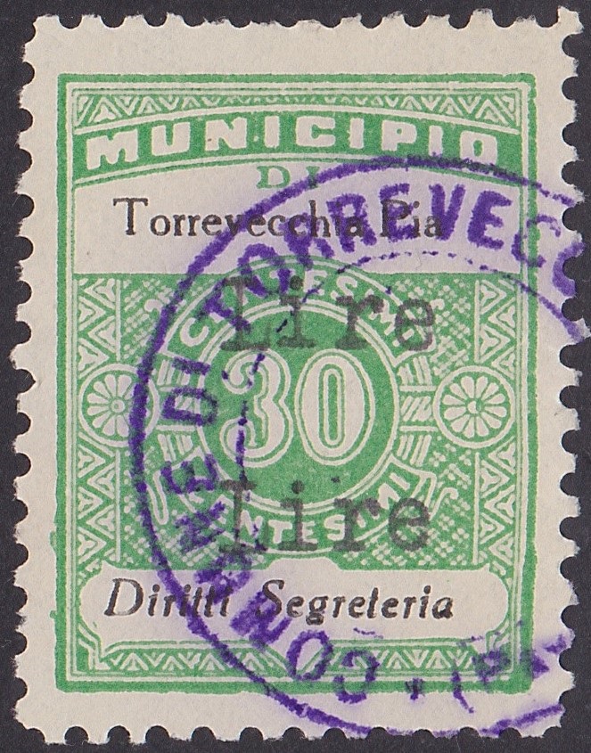Marca da Bollo del Comune di TORREVECCHIA PIA su Carta Bianca Sottile di dimensioni 22,5 x 29 mm