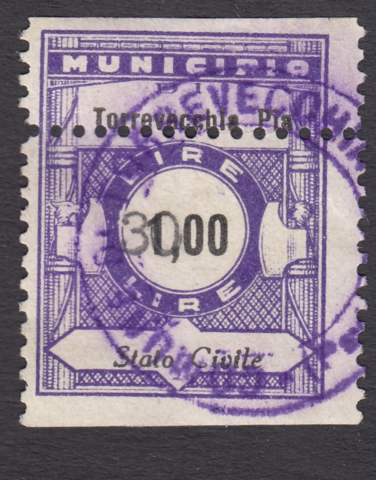 Marca da Bollo del Comune di TORREVECCHIA PIA su Carta Bianca Sottile di dimensioni 22,5 x 29 mm