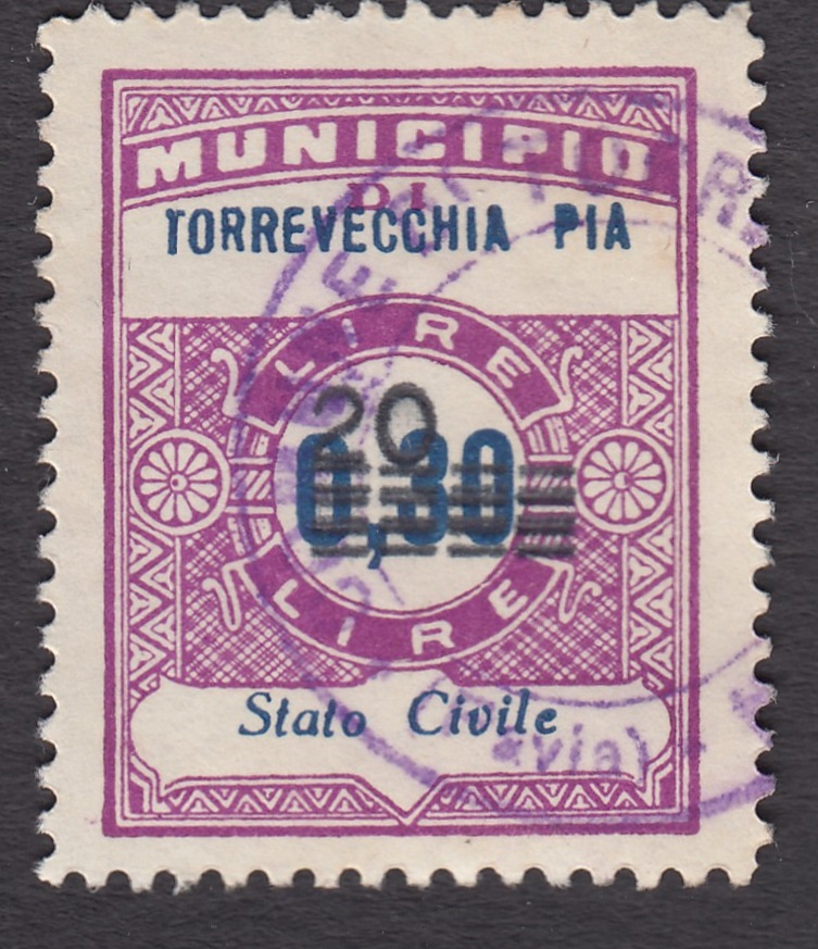 Marca da Bollo del Comune di TORREVECCHIA PIA su Carta Bianca Sottile di dimensioni 22 x 29 mm