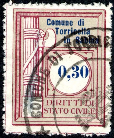 Marca da Bollo del Comune di TORRICELLA IN SABINA su Carta Bianca di dimensioni 24 x 30 mm