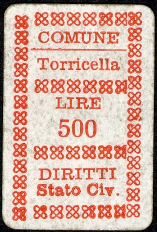 Marca da Bollo del Comune di TORRICELLA su Carta Bianca di dimensioni 19,5 x 28,5 mm