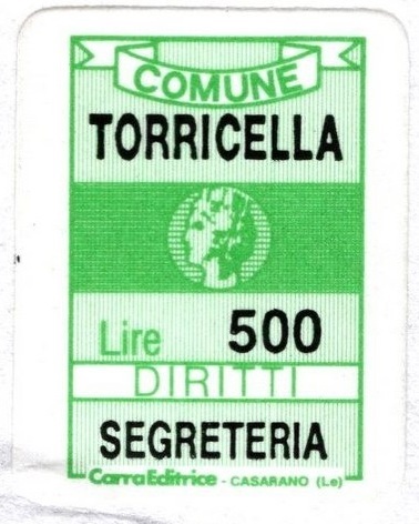Marca da Bollo del Comune di TORRICELLA su Carta Bianca di dimensioni 19,5 x 26 mm