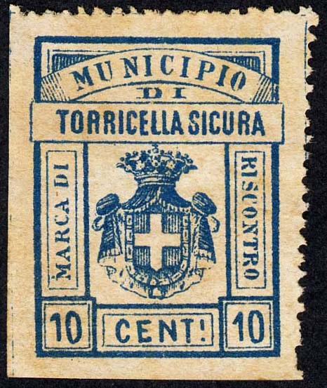 Marca da Bollo del Comune di TORRICELLA SICURA su Carta Bianca di dimensioni 25 x 32 mm