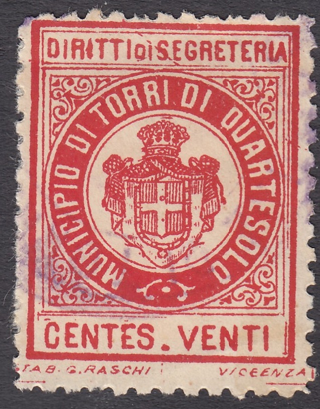 Marca da Bollo del Comune di TORRI DI QUARTESOLO su Carta Bianca di dimensioni 22 x 29 mm