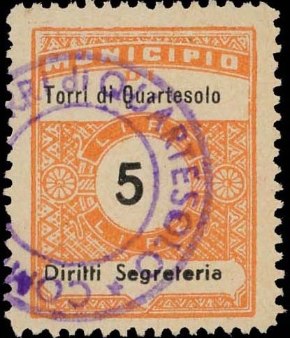 Marca da Bollo del Comune di TORRI DI QUARTESOLO su Carta Bianca di dimensioni 22 x 29 mm