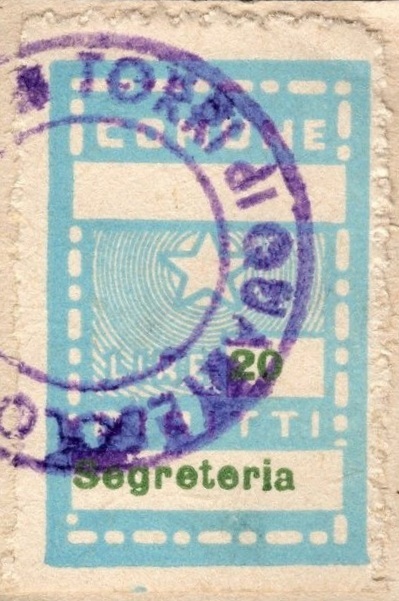 Marca da Bollo del Comune di TORRI DI QUARTESOLO su Carta Bianca di dimensioni 20 x 29 mm