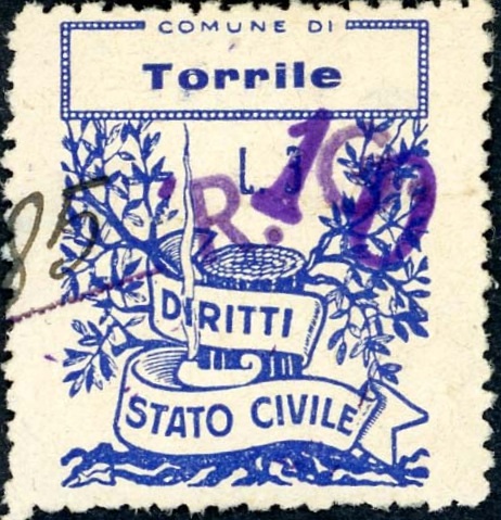 Marca da Bollo del Comune di TORRILE su Carta Bianca di dimensioni 20,5 x 26,5 mm