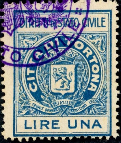Marca da Bollo del Comune di TORTONA su Carta Bianca di dimensioni 23,5 X 30,5 mm