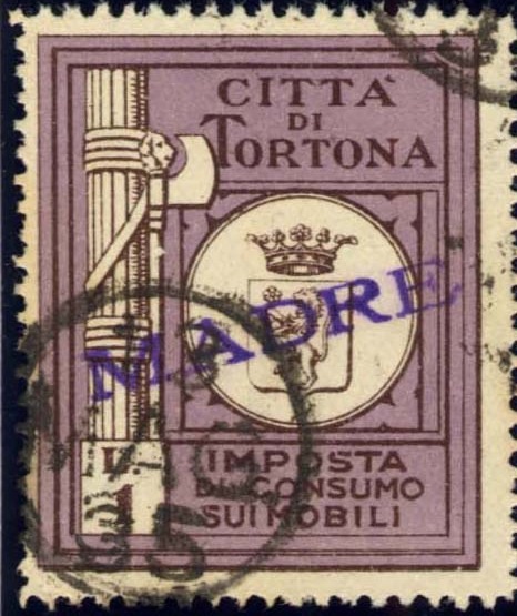 Marca da Bollo del Comune di TORTONA su Carta Bianca Sottile di dimensioni 24 x 30 mm