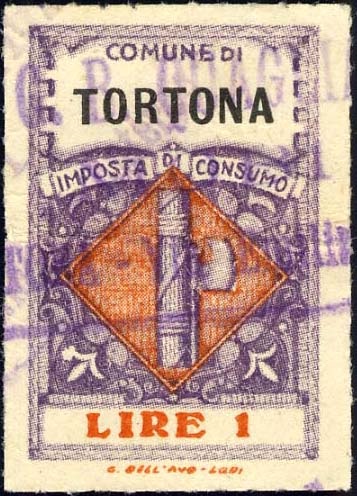 Marca da Bollo del Comune di TORTONA su Carta Bianca di dimensioni 23 x 29 mm