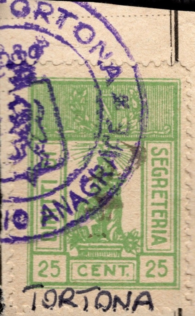 Marca da Bollo del Comune di TORTONA su Carta Bianca Sottile di dimensioni 19,5 x 29 mm
