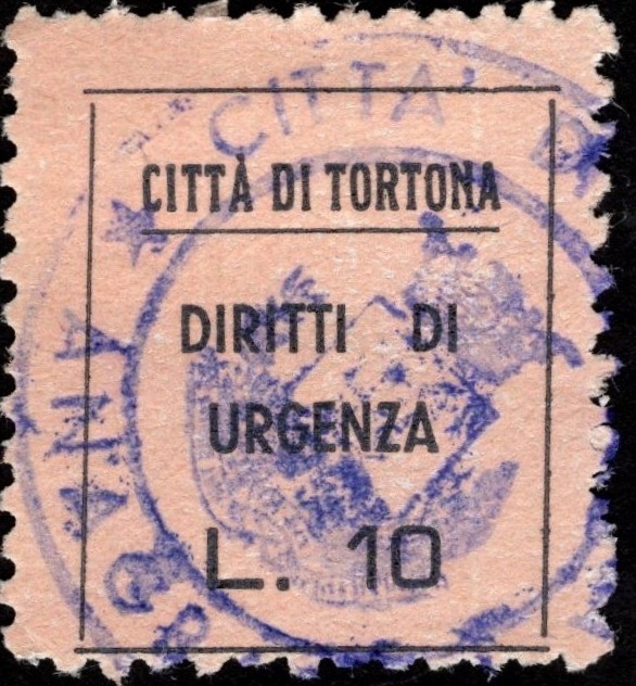Marca da Bollo del Comune di TORTONA su Carta Colorata di dimensioni 17,5 x 21 mm