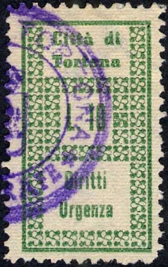 Marca da Bollo del Comune di TORTONA su Carta Bianca Sottile di dimensioni 17 x 30,5 mm
