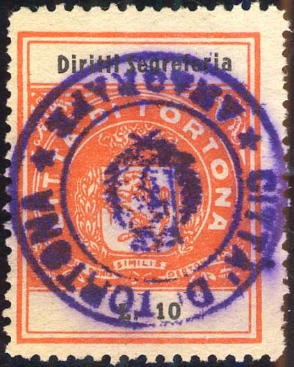 Marca da Bollo del Comune di TORTONA su Carta Bianca di dimensioni 24 x 31 mm
