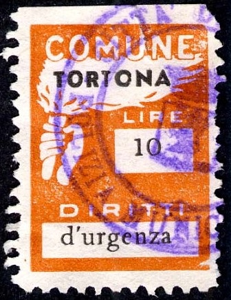 Marca da Bollo del Comune di TORTONA su Carta Bianca Sottile di dimensioni 18,5 x 26 mm