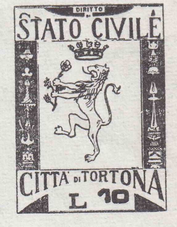 Marca da Bollo del Comune di TORTONA su Carta Bianca di dimensioni 19 x 27 mm