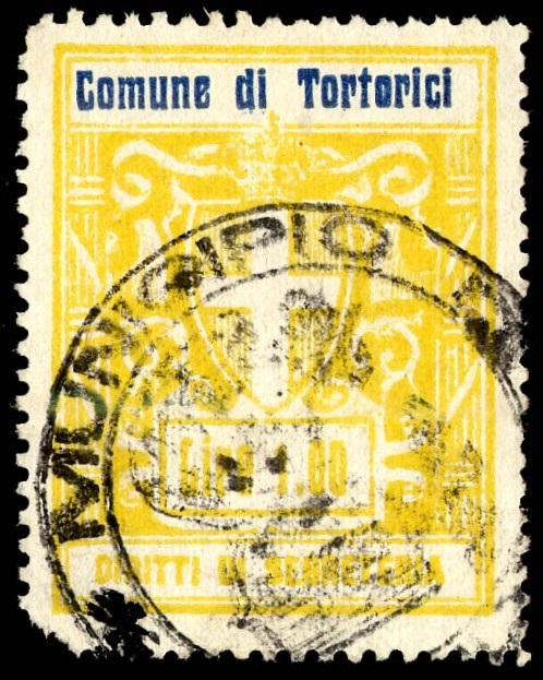 Marca da Bollo del Comune di TORTORICI su Carta Bianca Sottile di dimensioni 27 x 36 mm