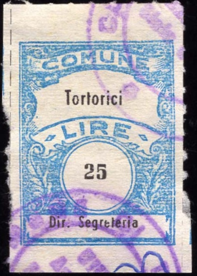 Marca da Bollo del Comune di TORTORICI su Carta Bianca di dimensioni 22 x 29,5 mm